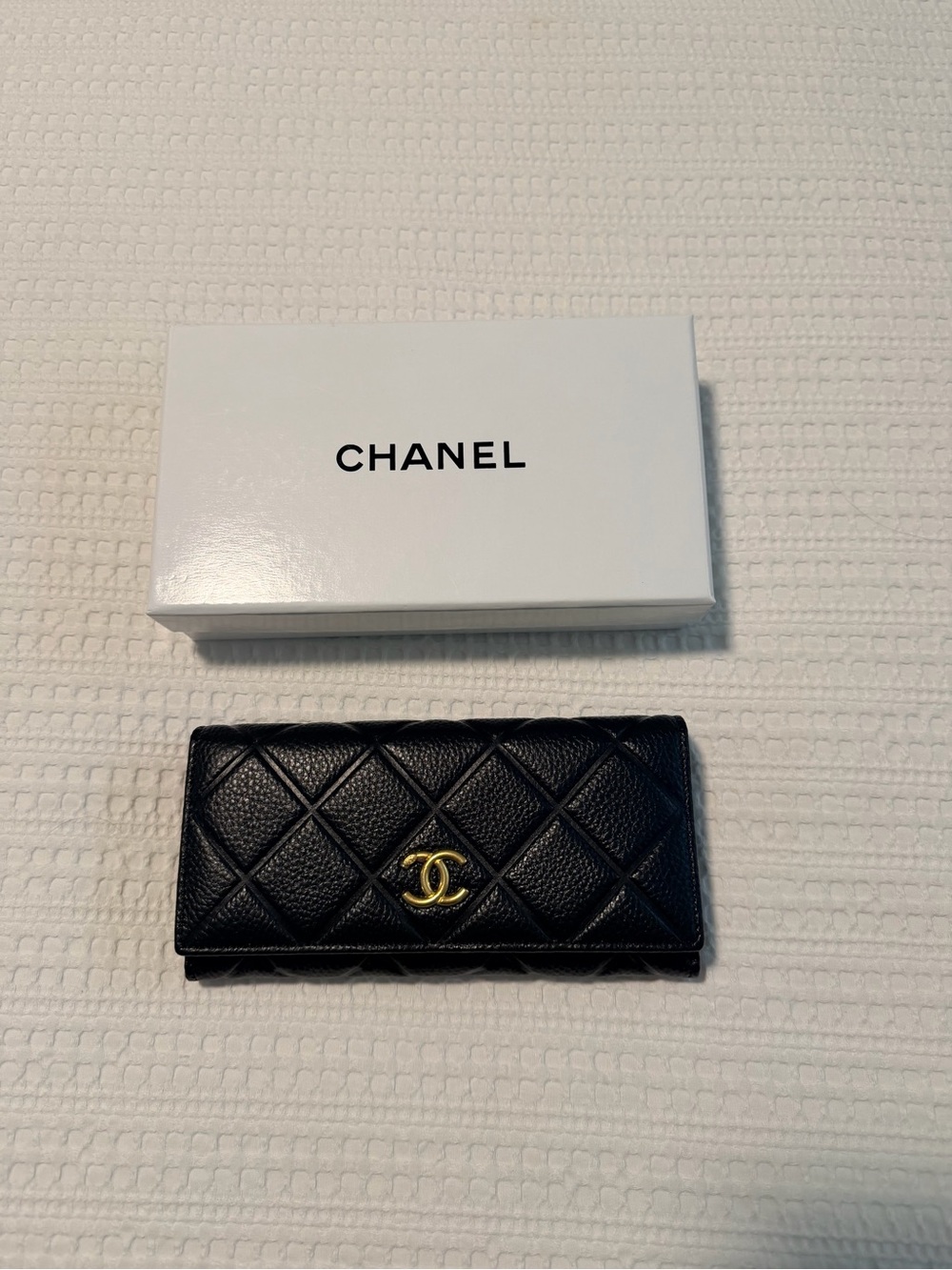 Black Quilted Leather Long Wallet with Gold CC